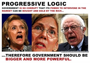 progressive logic, crony capitalism, corruption, big government, government power, meme, illustration, photomontage, Jim Gill, Paul Jacob, Common Sense