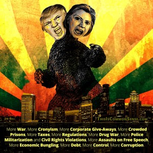 Hillary Clinton, Donald Trump, Godzilla, beast, business as usual, presidential, meme, illustration, collage