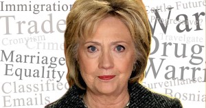 Hillary Clinton, lies, truth, untrustworthy, immigration, trade, drug war, war, Bosnia, Surveillance, Gay Rights, illustration