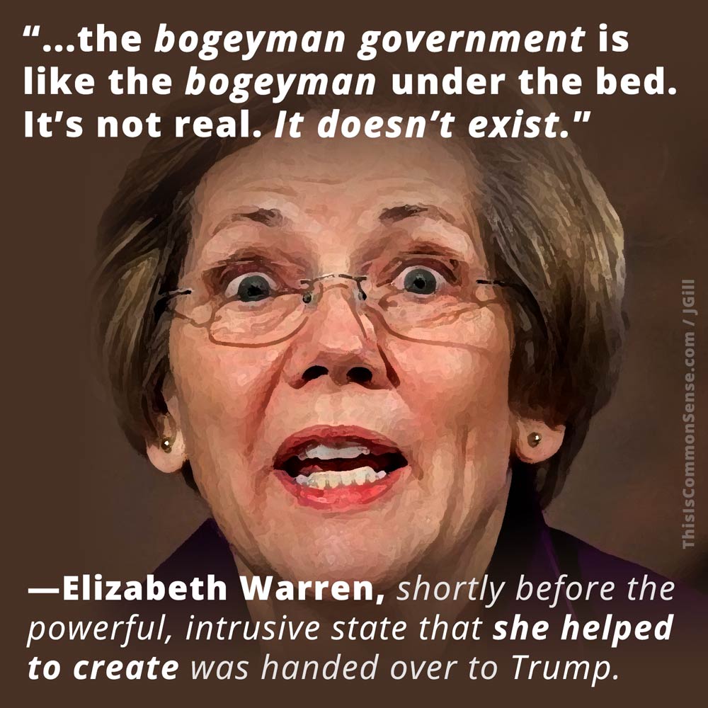 Elizabeth, Warren, bogeyman, government, anarchist, illustration, meme, Common Sense