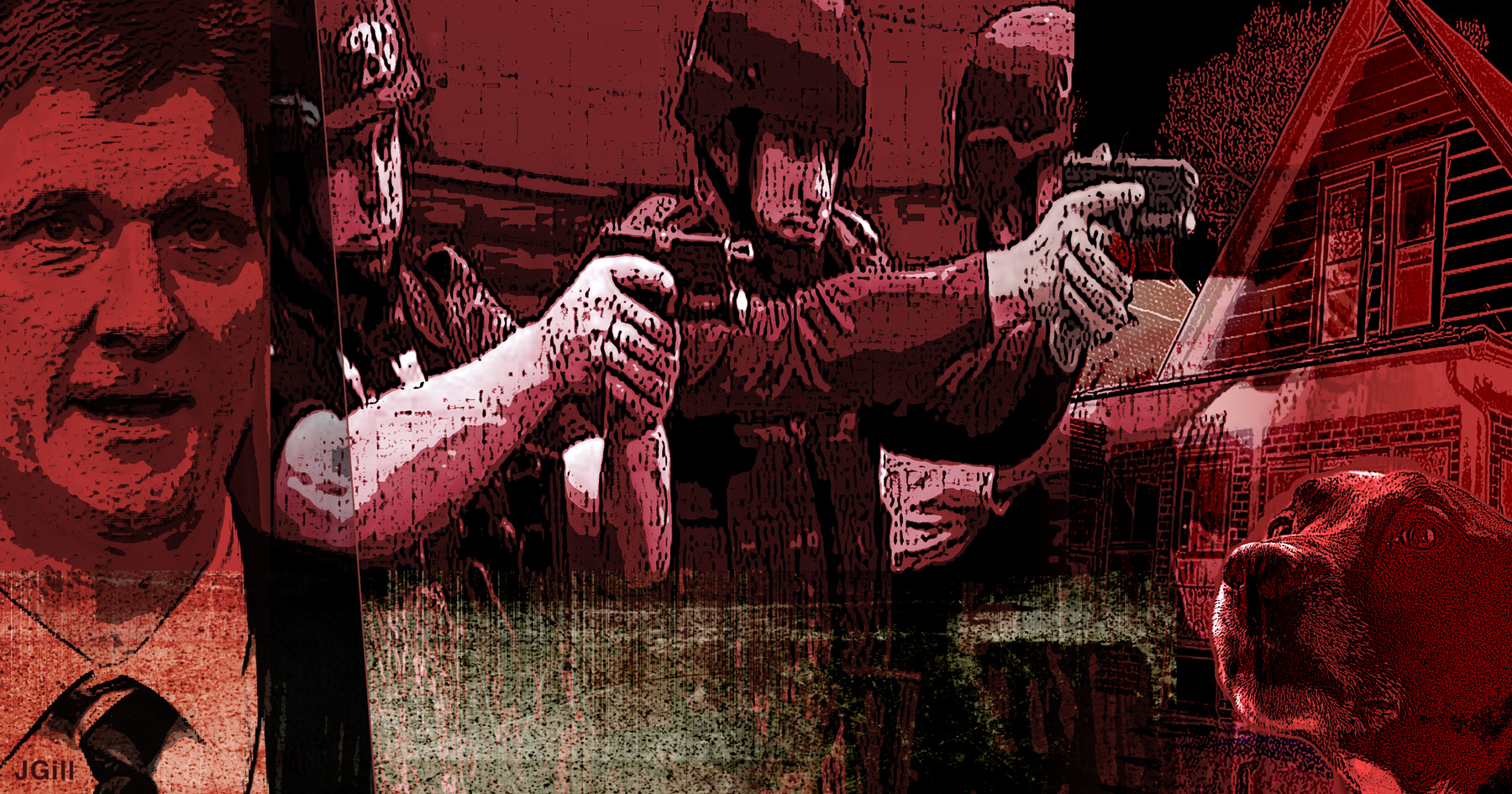 Assault on Free Speech in Wisconsin, police abuse, harassment, militarization, democracy, intimidation, collage, photomontage, illustration, editorial, violence
