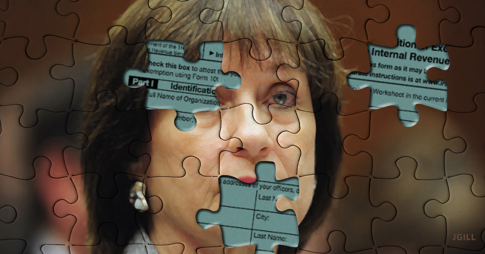 Lois Lerner, IRS, collage, photomontage, puzzle, investigation, illustration, editorial, abuse, law, foundations, harassment,