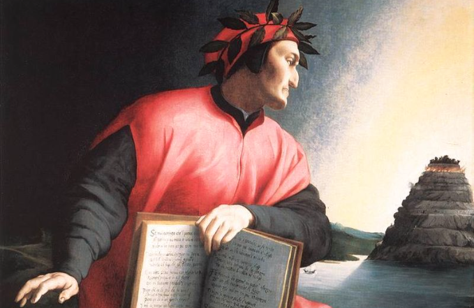 Alegorical portrait of Dante Alighieri, from Agnolo Bronzino, c. 1530. The book he holds is a copy of the Divine Comedy, open to Canto XXV of the Paradiso.