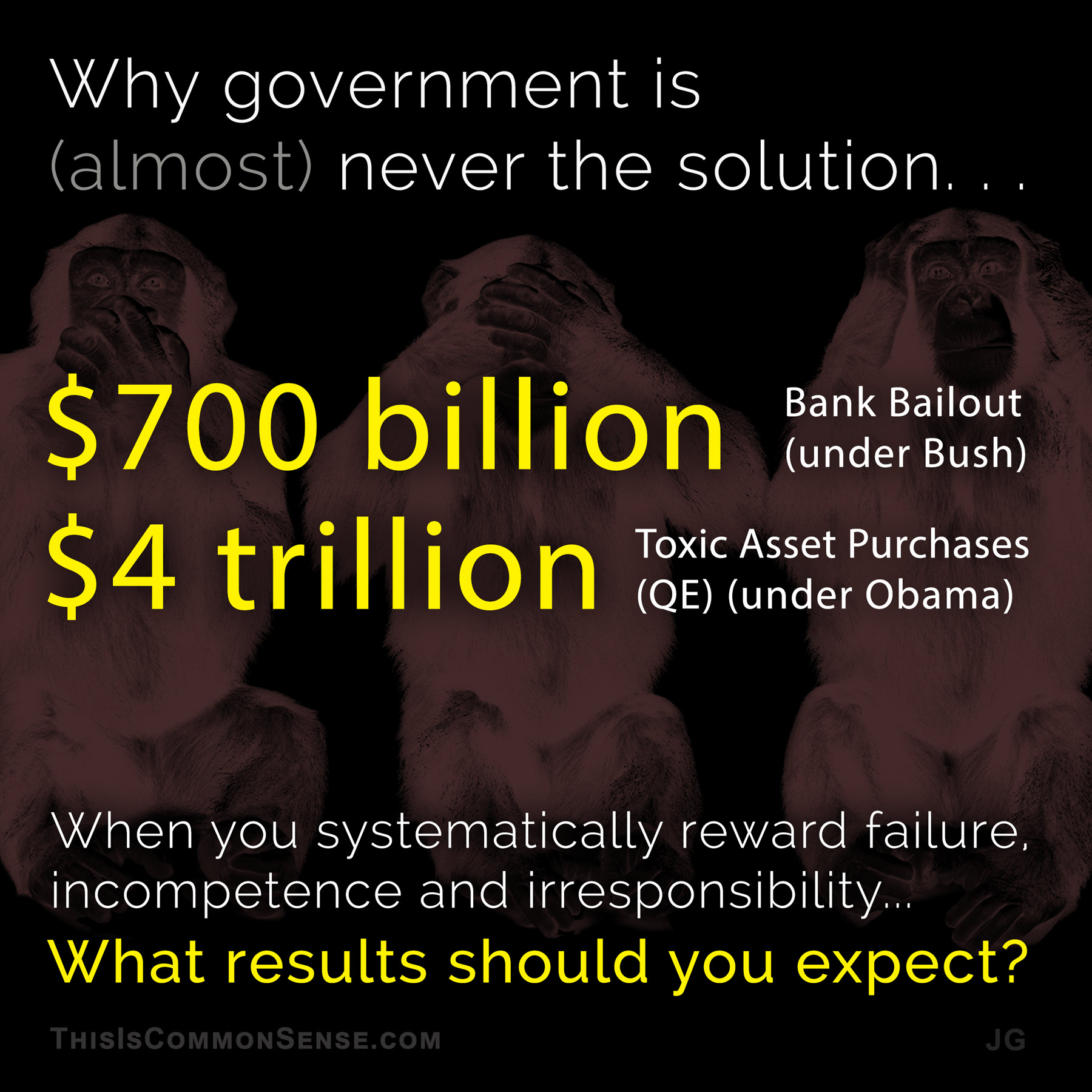 big government, solutions, toxic assets, bank bailout, meme, illustration, Jim Gill, Paul Jacob, Common Sense