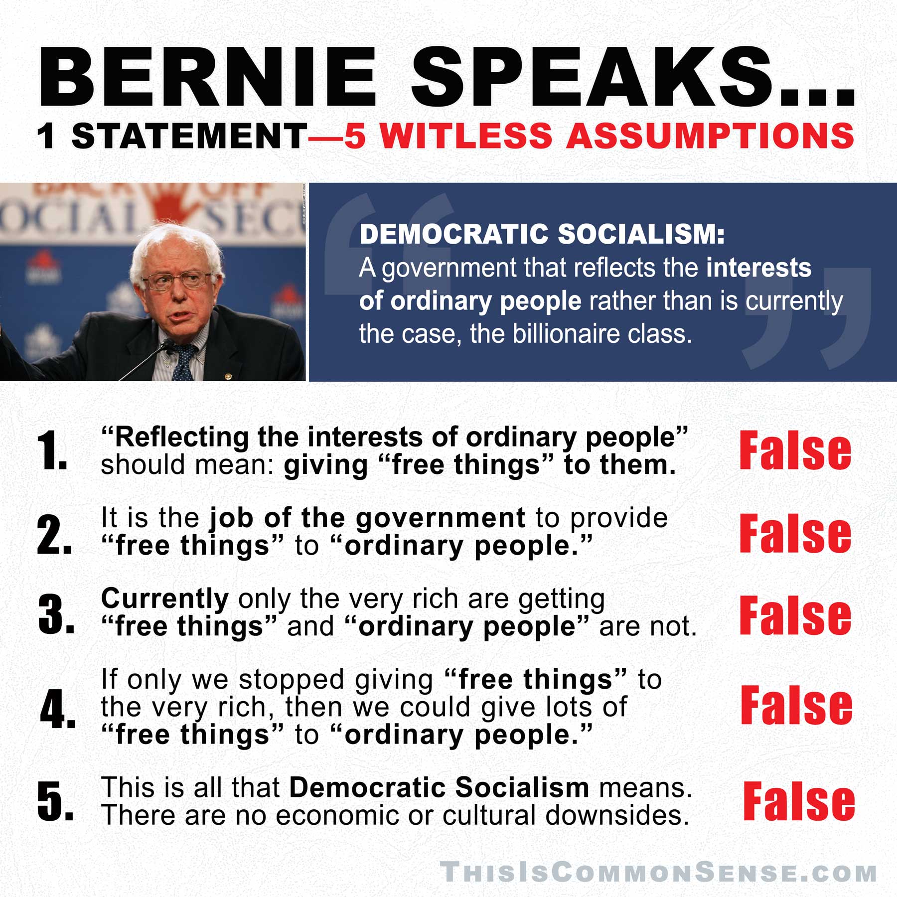 Bernie Sanders, 1 statement, 5 witless assumptions, free, ordinary, rich