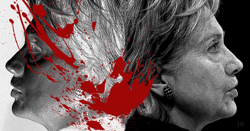 Hillary Clinton, Bernie Sanders, war, foreign policy, blood stained, death, military, illustration