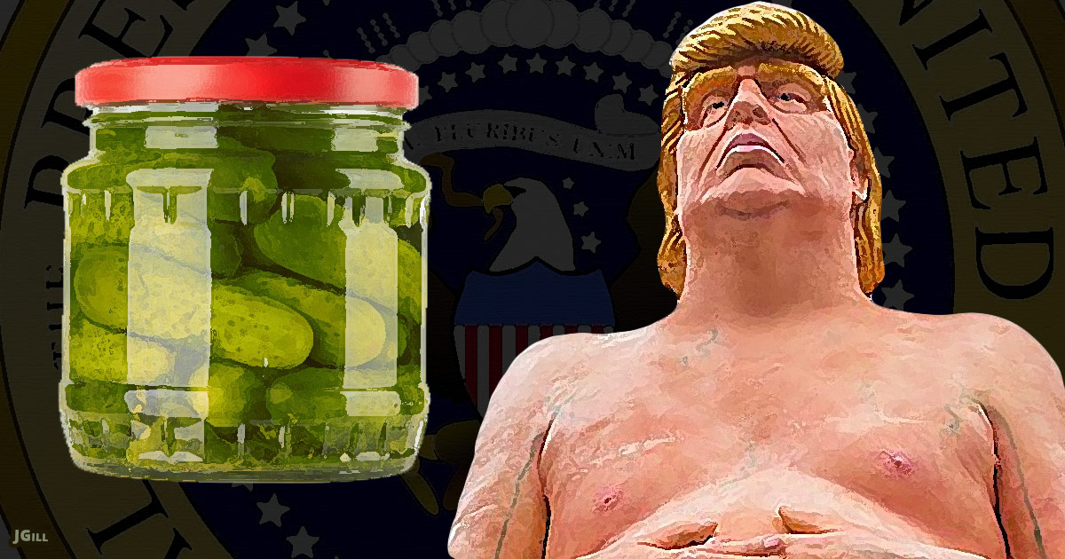 Donald Trump, statue, Hillary Clinton, pickles, illustration