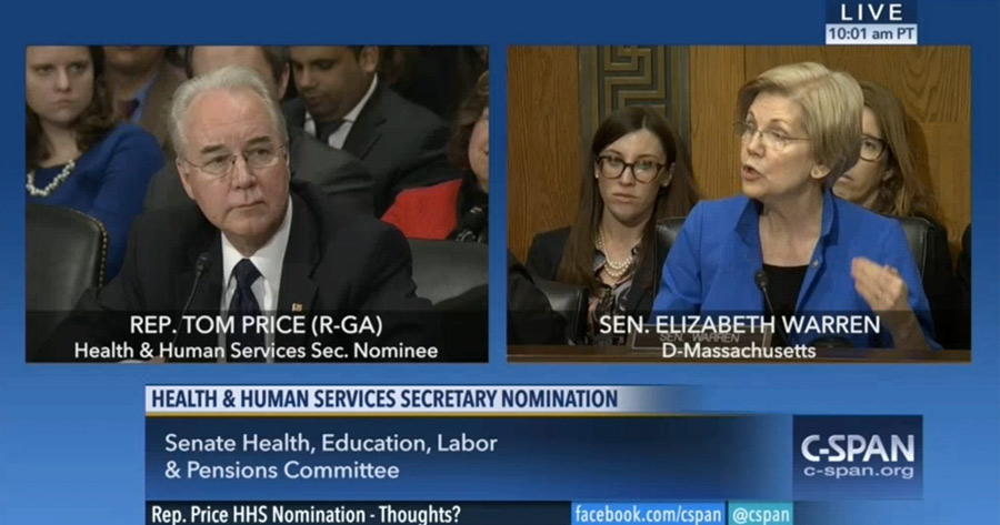 Price, Warren, hearings, Secretary of Health and Human Services, Elizabeth Warren, Tom Price