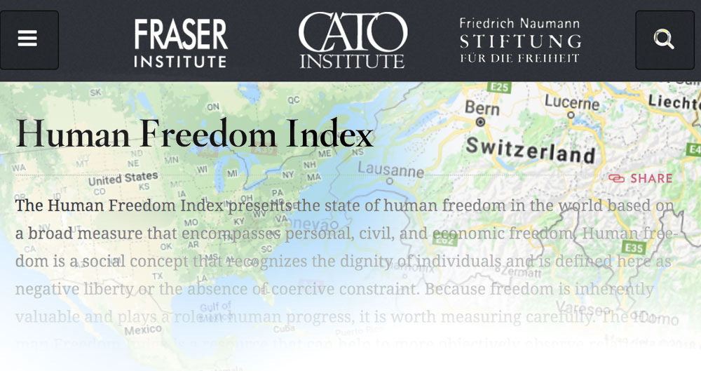 The Human Freedom Index for 2017, CATO, Fraser Institute, and the Liberales Institut at the Friedrich Naumann Foundation for Freedom Switzerland, US, United States